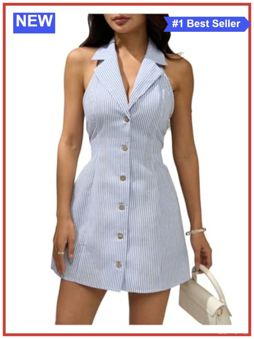Stripe Halter Mini Dress Button Front Backless A Line Sleeveless V Neck Summer